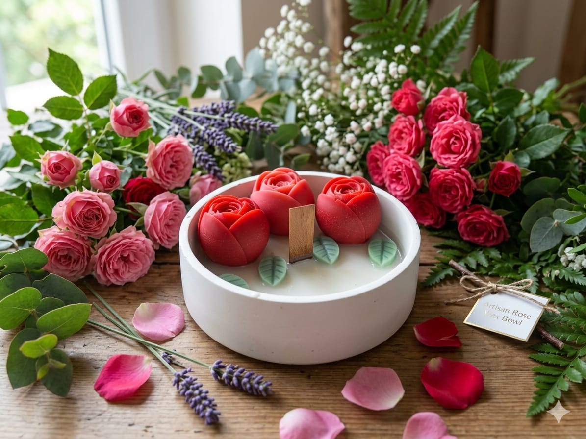 🌹 Artisan Rose Wax Bowl – Timeless Elegance - Floral Candles | Ratna Sagarika Candles