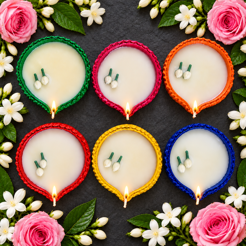 🌼 Colourful Diwali Diyas – Set of 6 - Candle Urli | Ratna Sagarika Candles