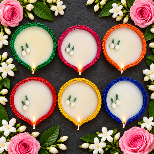 🌼 Colourful Diwali Diyas – Set of 6 - Candle Urli | Ratna Sagarika Candles
