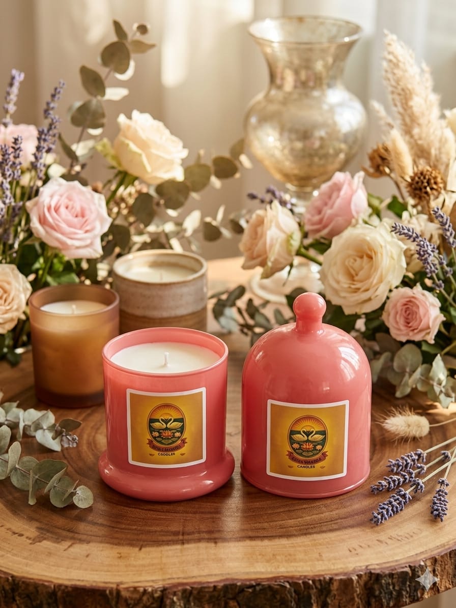 Coral Rose Ceramic Fragrance Candle Jar with Cloche Lid