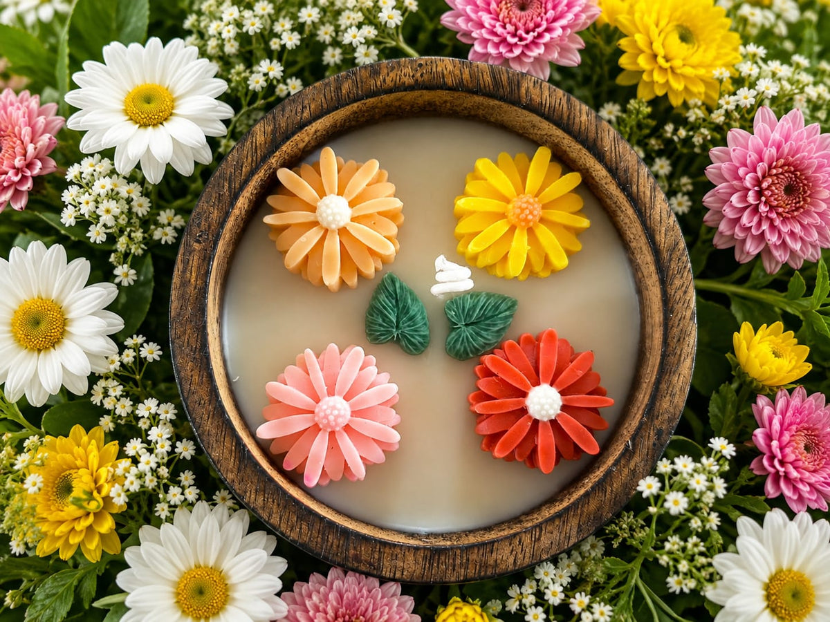 🌼 Daisy Bouquet Candle in Wooden Bowl - Candle | Ratna Sagarika Candles