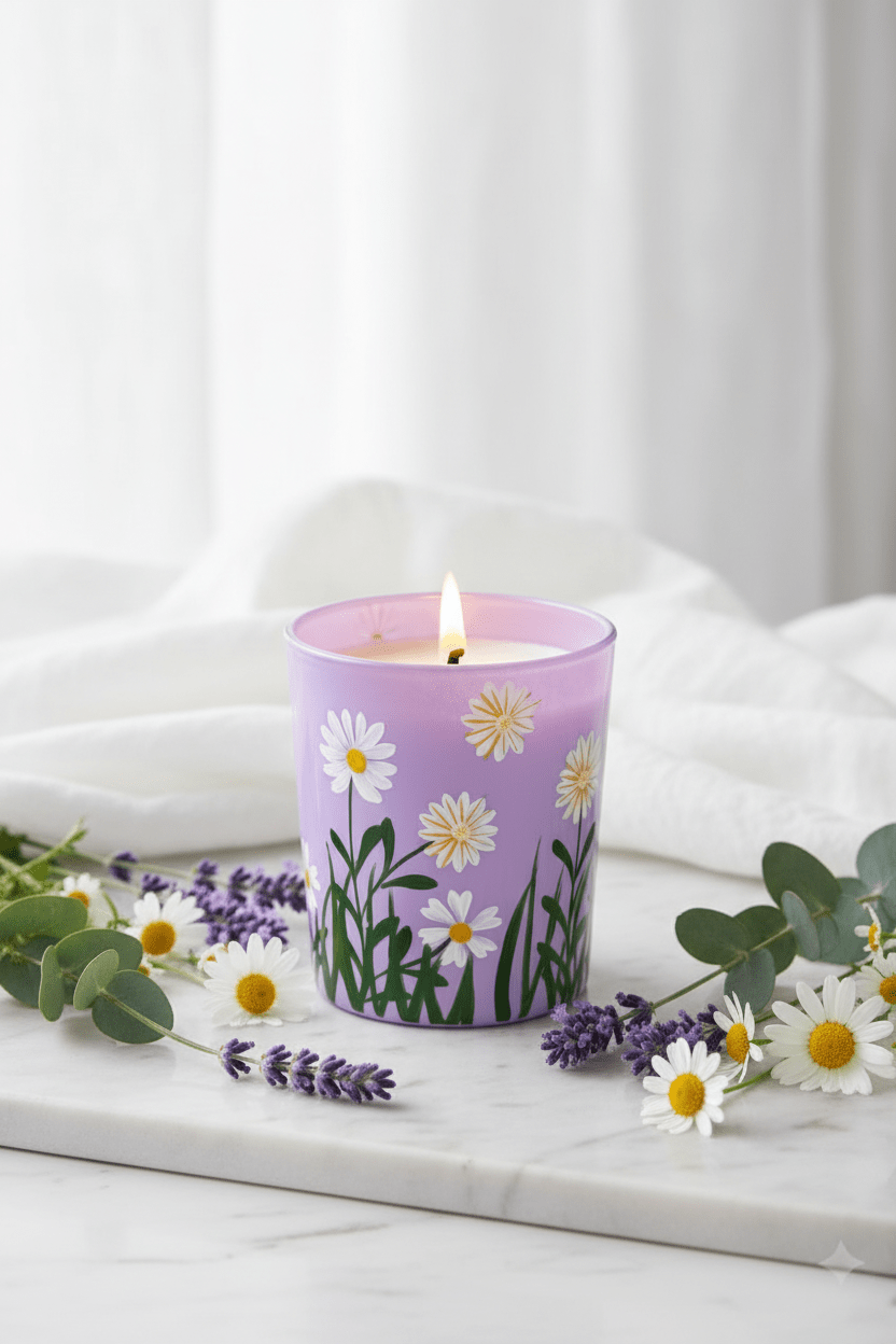Daisy Floral Glass Candle – Lavender