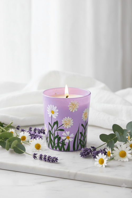 Daisy Floral Glass Candle – Lavender