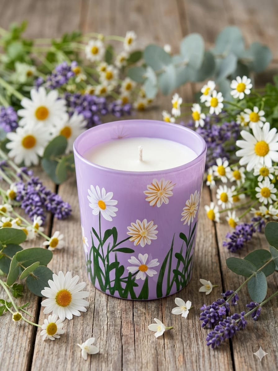 Daisy Floral Glass Candle – Lavender