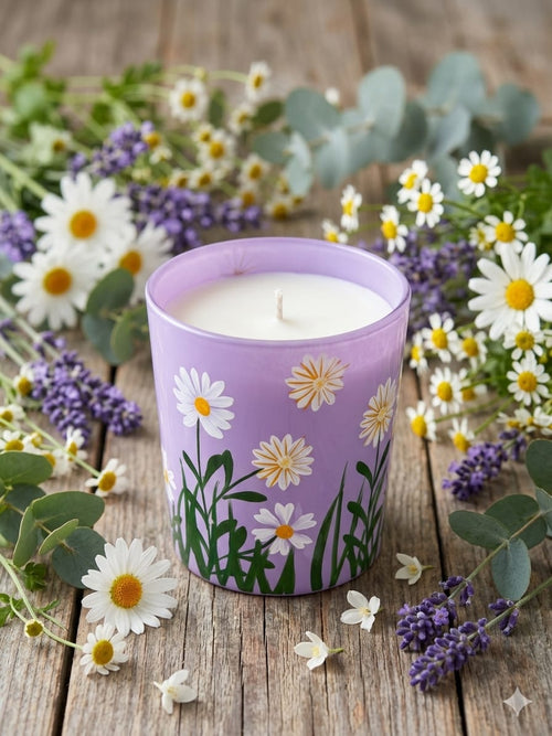Daisy Floral Glass Candle – Lavender
