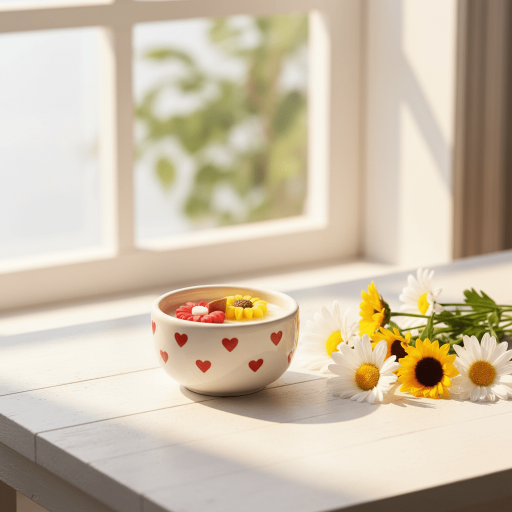 🌻 Floral Daisy & Sunflower Candle in Ceramic Bowl - Floral Candles | Ratna Sagarika Candles