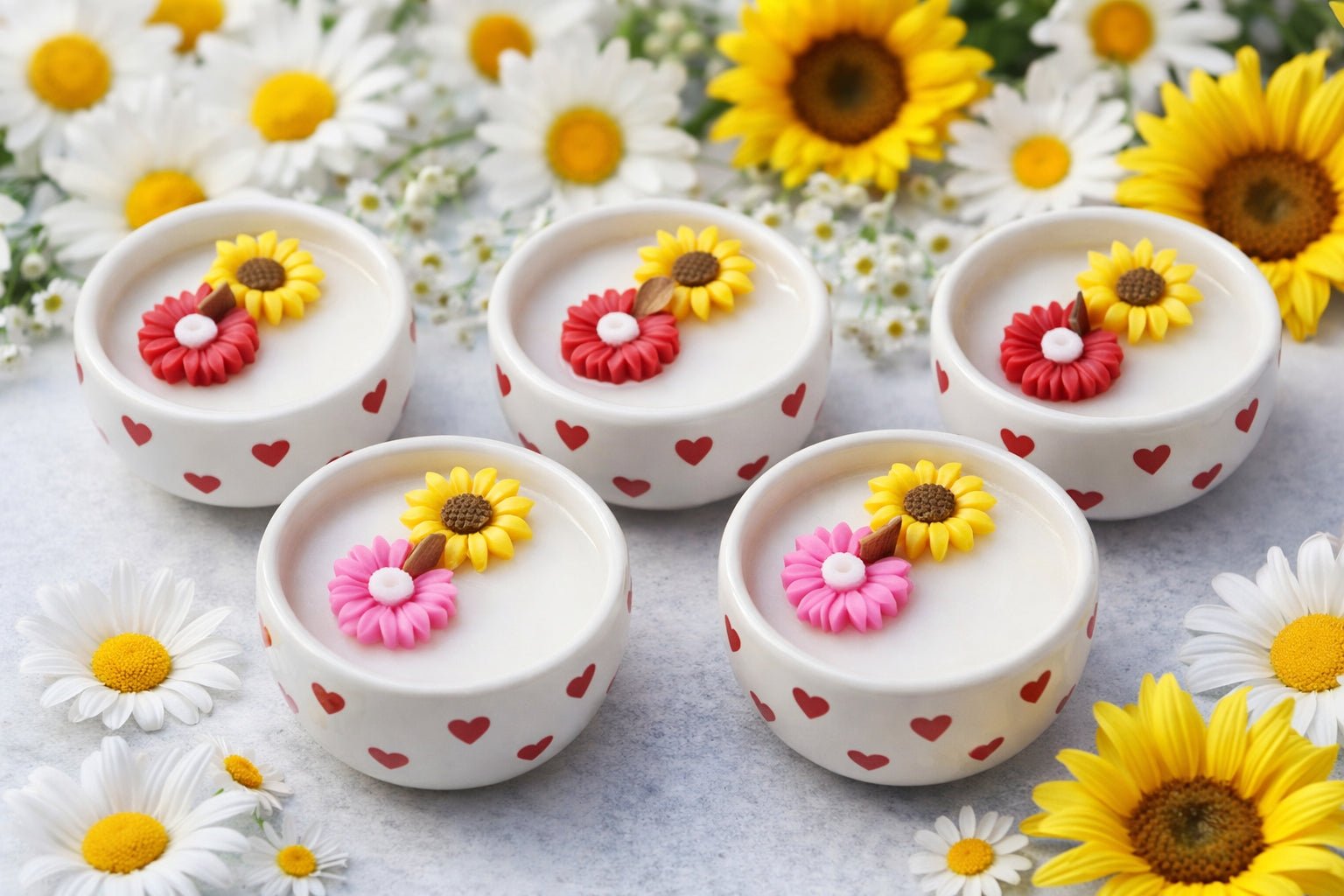 🌻 Floral Daisy & Sunflower Candle in Ceramic Bowl - Floral Candles | Ratna Sagarika Candles
