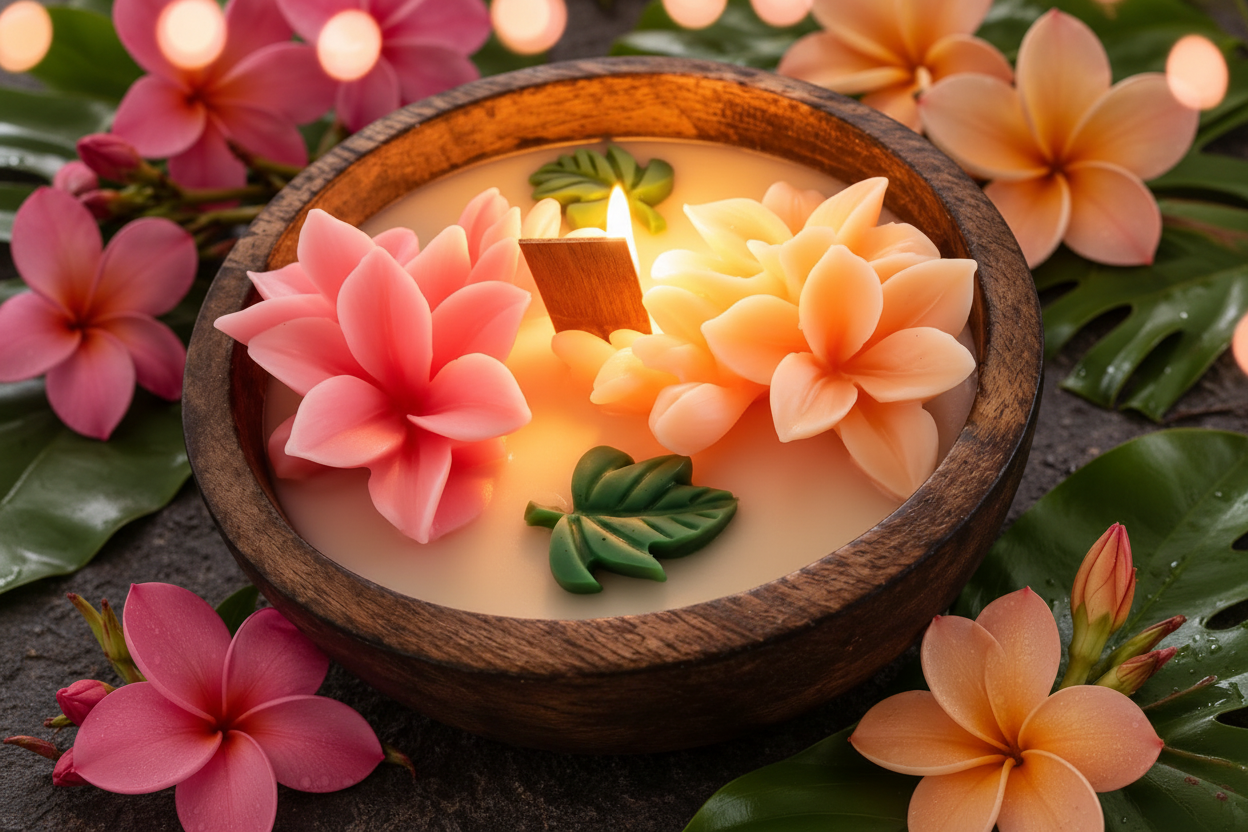 🌸 Frangipani Flower Wax Candle in Rustic Wooden Bowl - Candle | Ratna Sagarika Candles