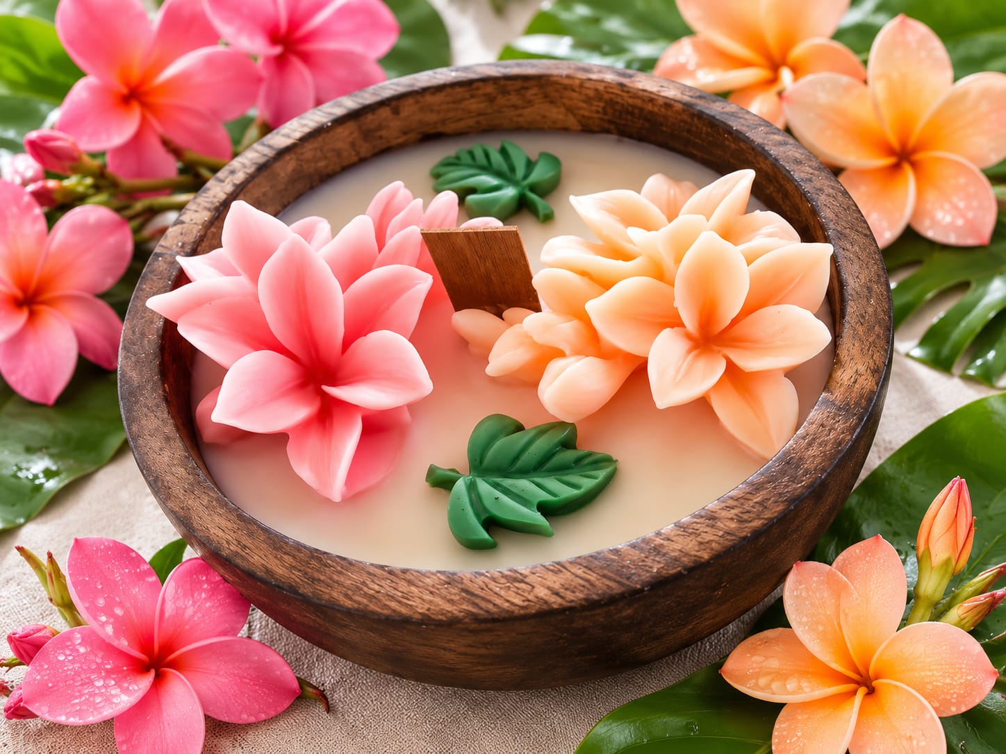 🌸 Frangipani Flower Wax Candle in Rustic Wooden Bowl - Candle | Ratna Sagarika Candles
