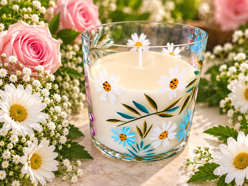 🌼 Hand-Painted Daisy Glass Candle - Candle | Ratna Sagarika Candles
