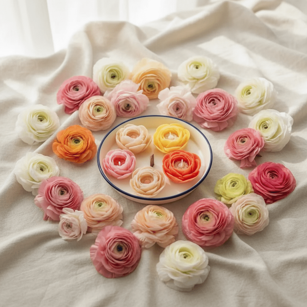 🌸Handcrafted Floral Candle Plate – Ranunculus Flowers - Floral Candles | Ratna Sagarika Candles