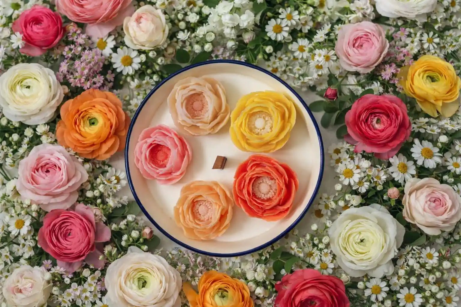 🌸Handcrafted Floral Candle Plate – Ranunculus Flowers