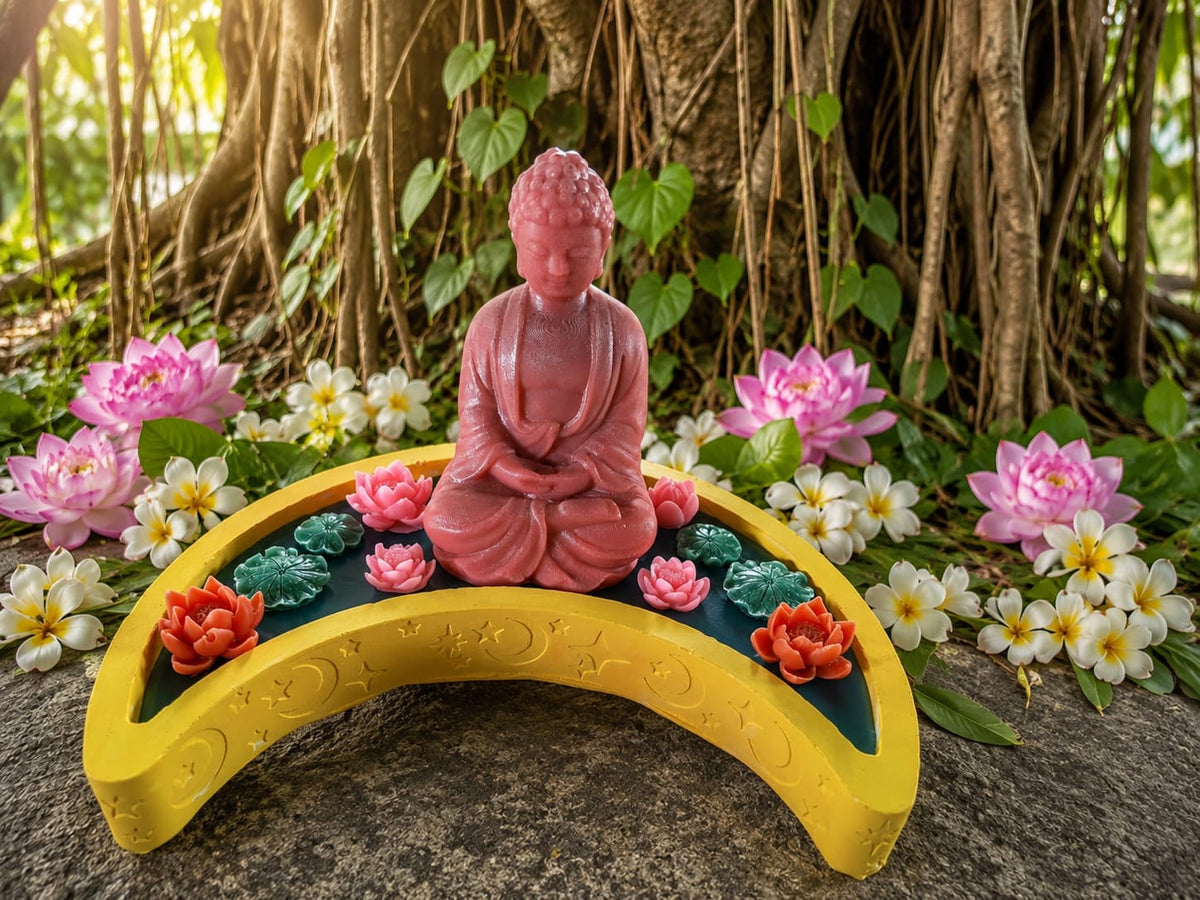🪷 Lord Buddha Candle on Moon Tray with Lotus Flowers - Candle | Ratna Sagarika Candles
