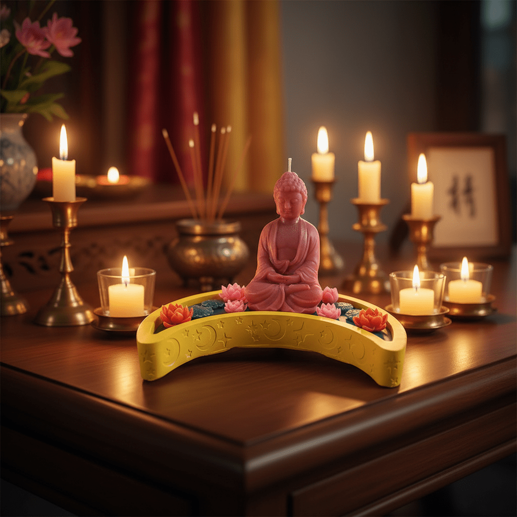 🪷 Lord Buddha Candle on Moon Tray with Lotus Flowers - Candle | Ratna Sagarika Candles