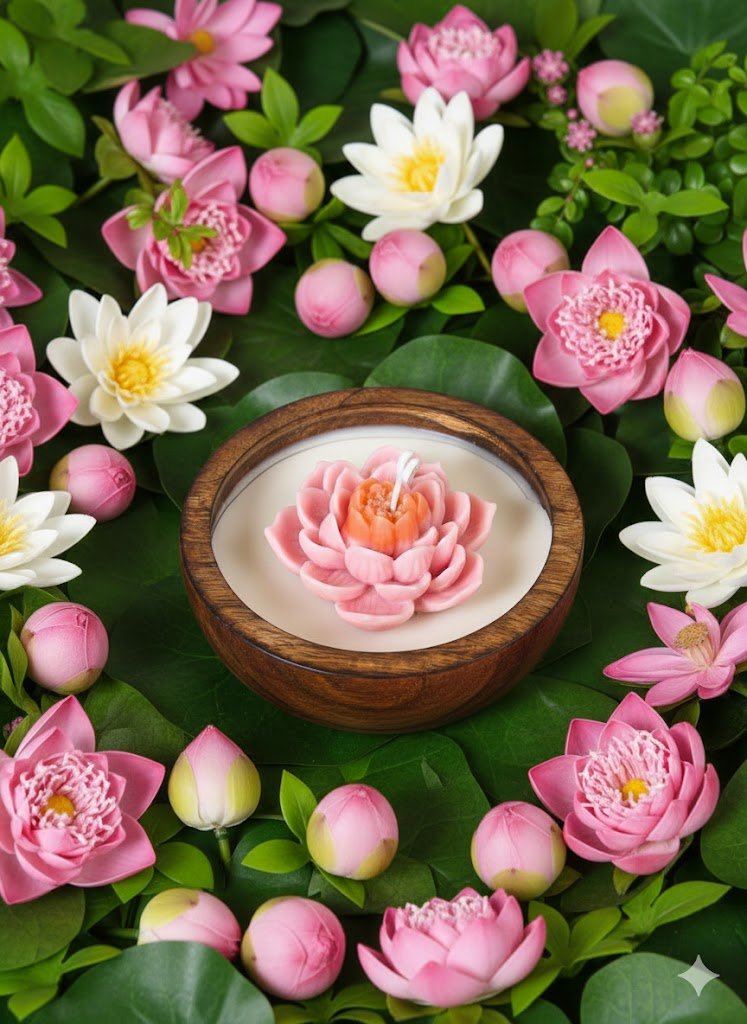 🪷 Lotus Candle in Wooden Bowl – Symbol of Serenity - Floral Candles | Ratna Sagarika Candles