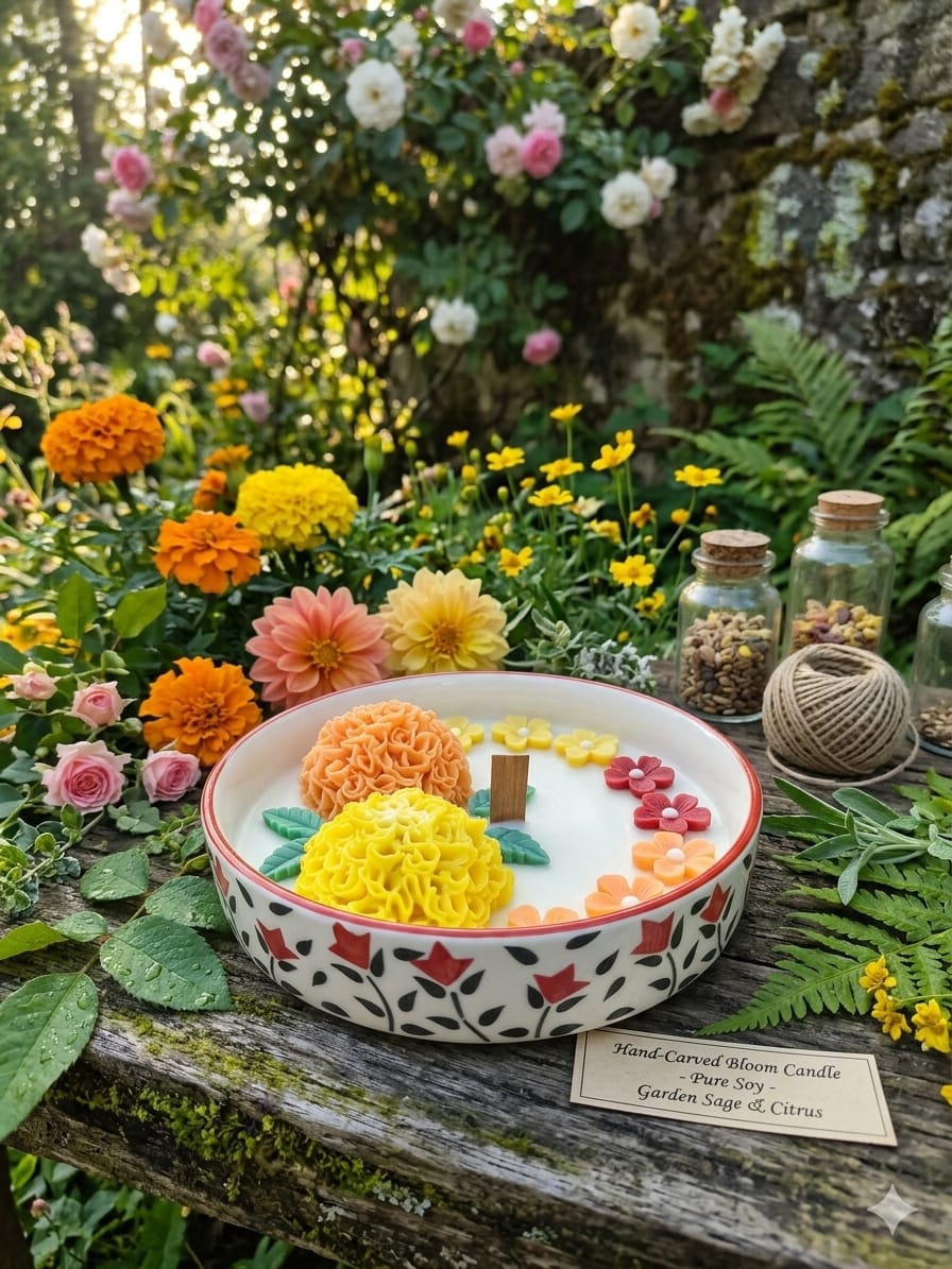 🌼 Marigold Floral Candle in Ceramic Bowl – Handcrafted Radiance - Floral Candles | Ratna Sagarika Candles