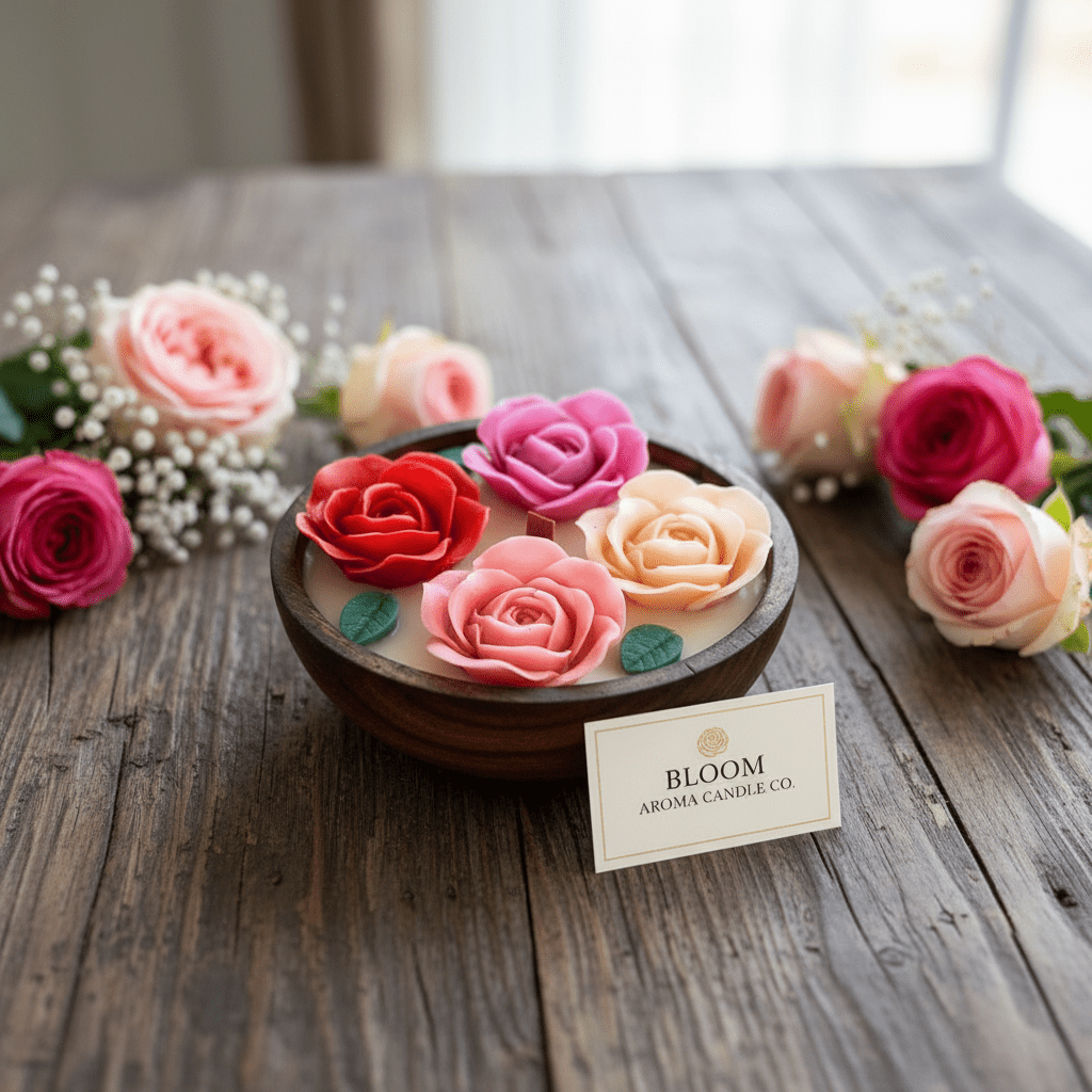 🌹 Multicolor Rose Bouquet Candle in Wooden Bowl - Candle | Ratna Sagarika Candles