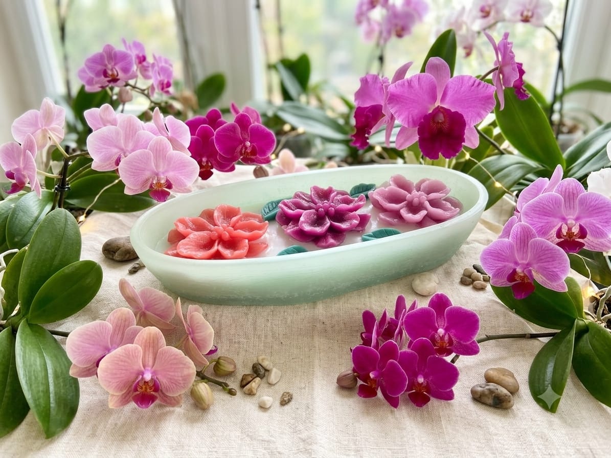 🌺 Orchid Flowers in a Leaf Tray - Decorative Candles | Ratna Sagarika Candles