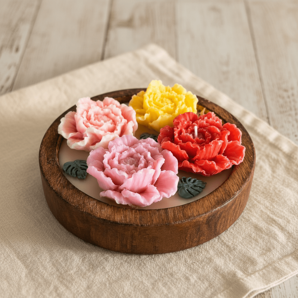 🌺 Peony Bouquet Candle in Wooden Tray - Candle | Ratna Sagarika Candles