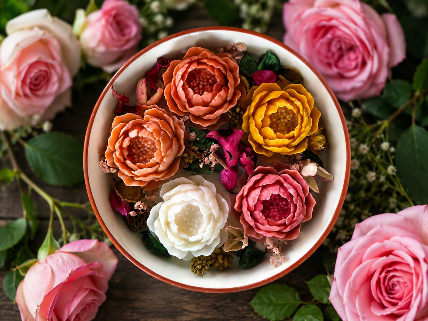 🌸 Peony & Ranunculus Floral Wax Candles – Ceramic Bowl Collection - Floral Wax Candles | Ratna Sagarika Candles