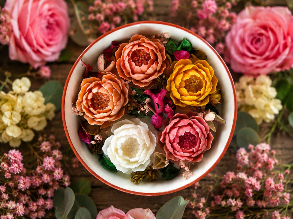 🌸 Peony & Ranunculus Floral Wax Candles – Ceramic Bowl Collection - Floral Wax Candles | Ratna Sagarika Candles
