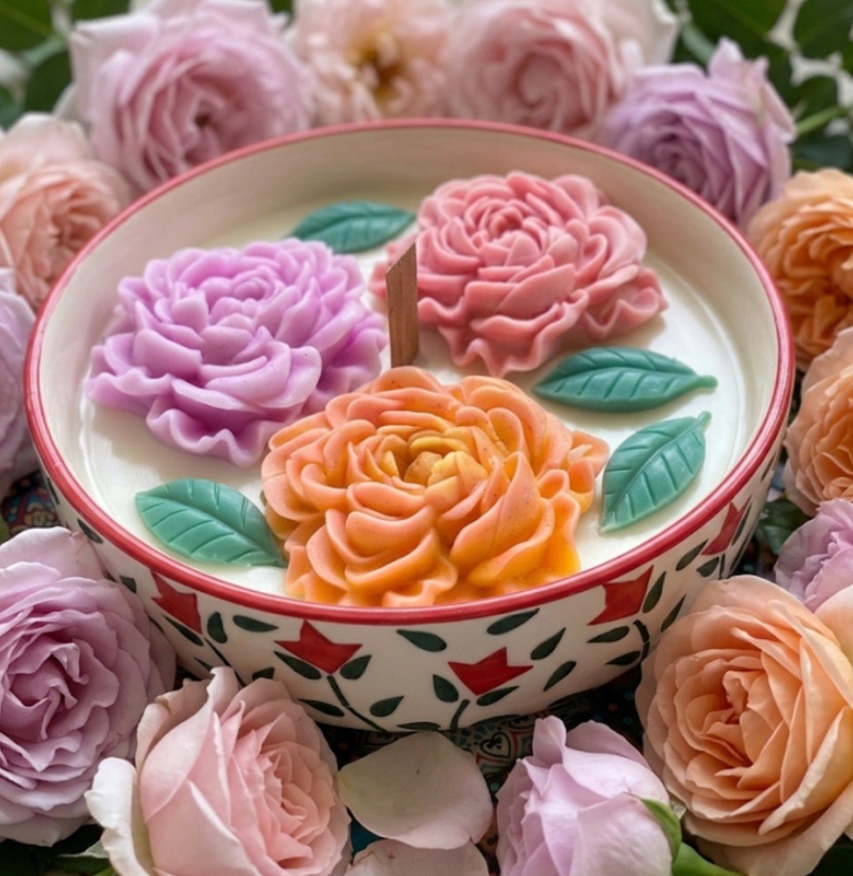 🌹 Peony Rose Candles in a Hand-Painted Bowl - Candles | Ratna Sagarika Candles