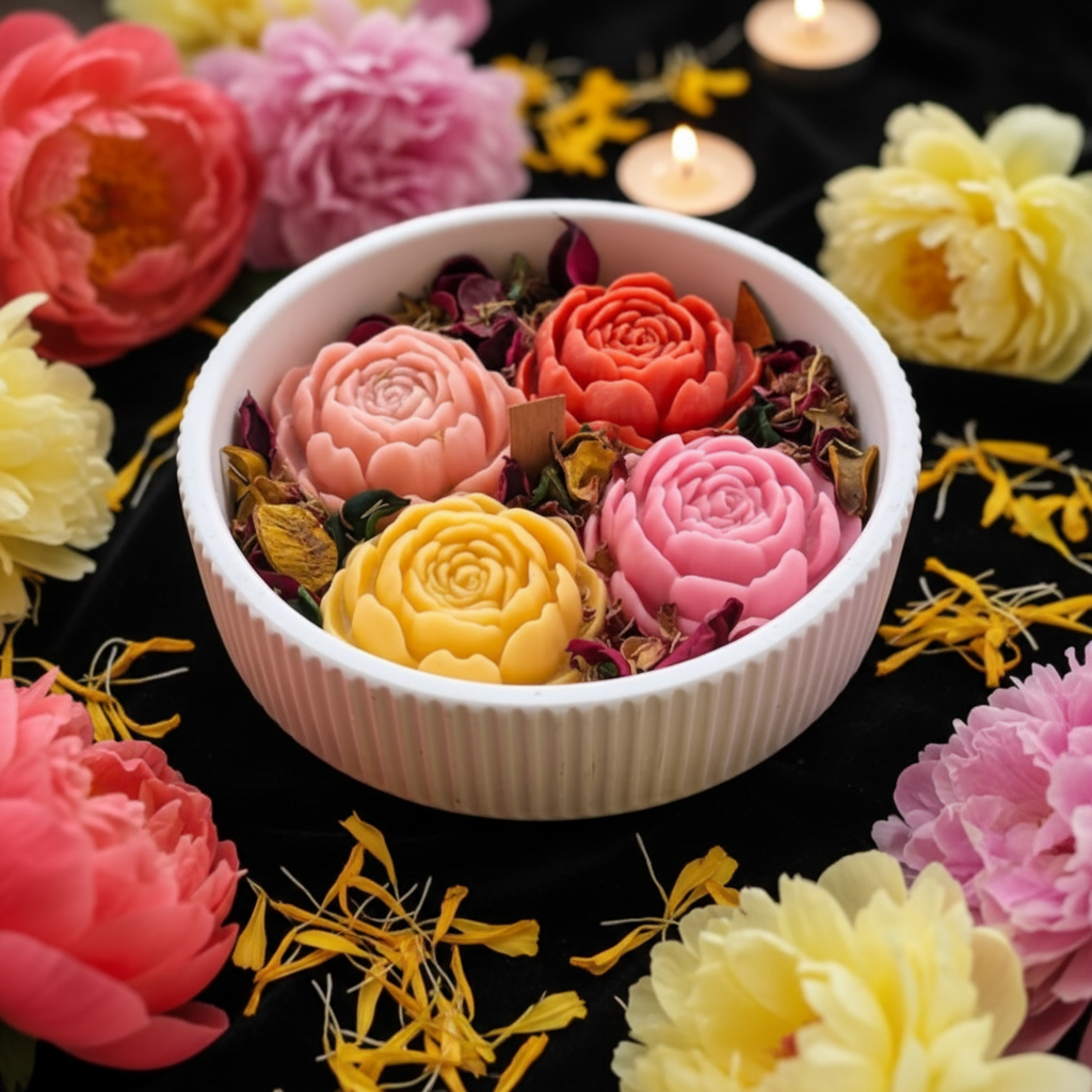 🌸 Peony Rose Flower Candle Mould Set in Ribbed Ceramic Bowl - Candle Mould | Ratna Sagarika Candles