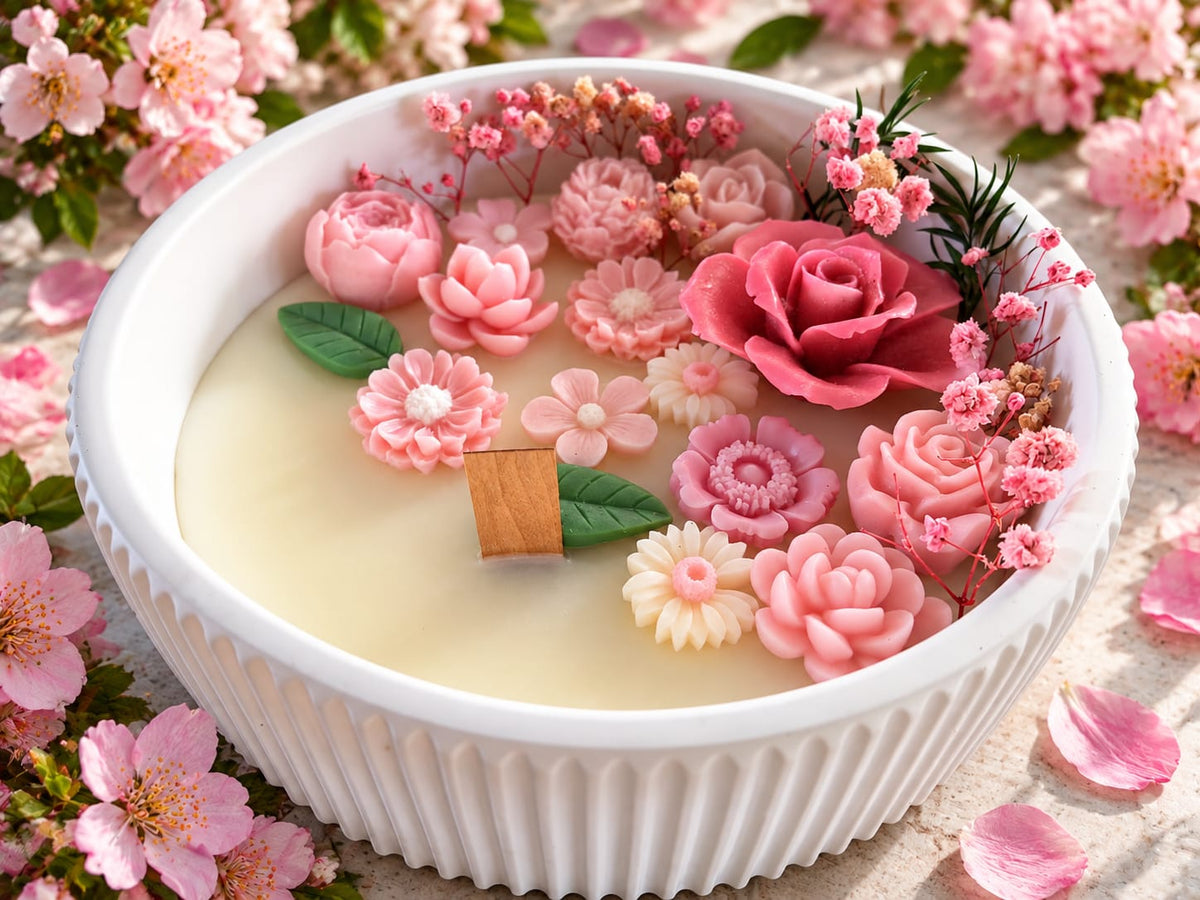 🌸 Pink Flower Garden Candle in Ribbed Ceramic Bowl - Candle | Ratna Sagarika Candles