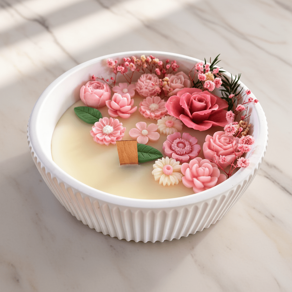 🌸 Pink Flower Garden Candle in Ribbed Ceramic Bowl - Candle | Ratna Sagarika Candles