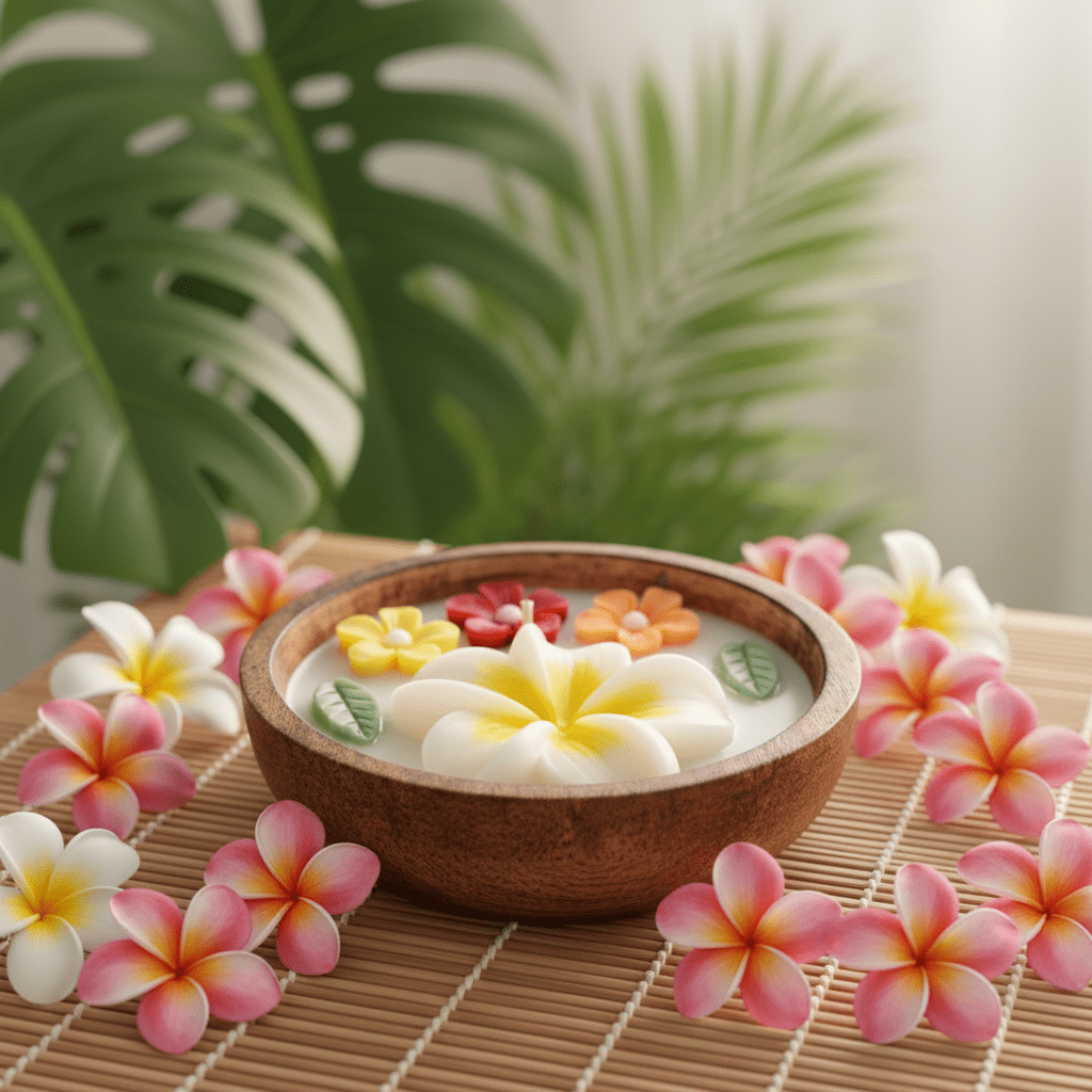 🌺 Plumeria Flower Candle in Wooden Bowl - Floral Candles | Ratna Sagarika Candles