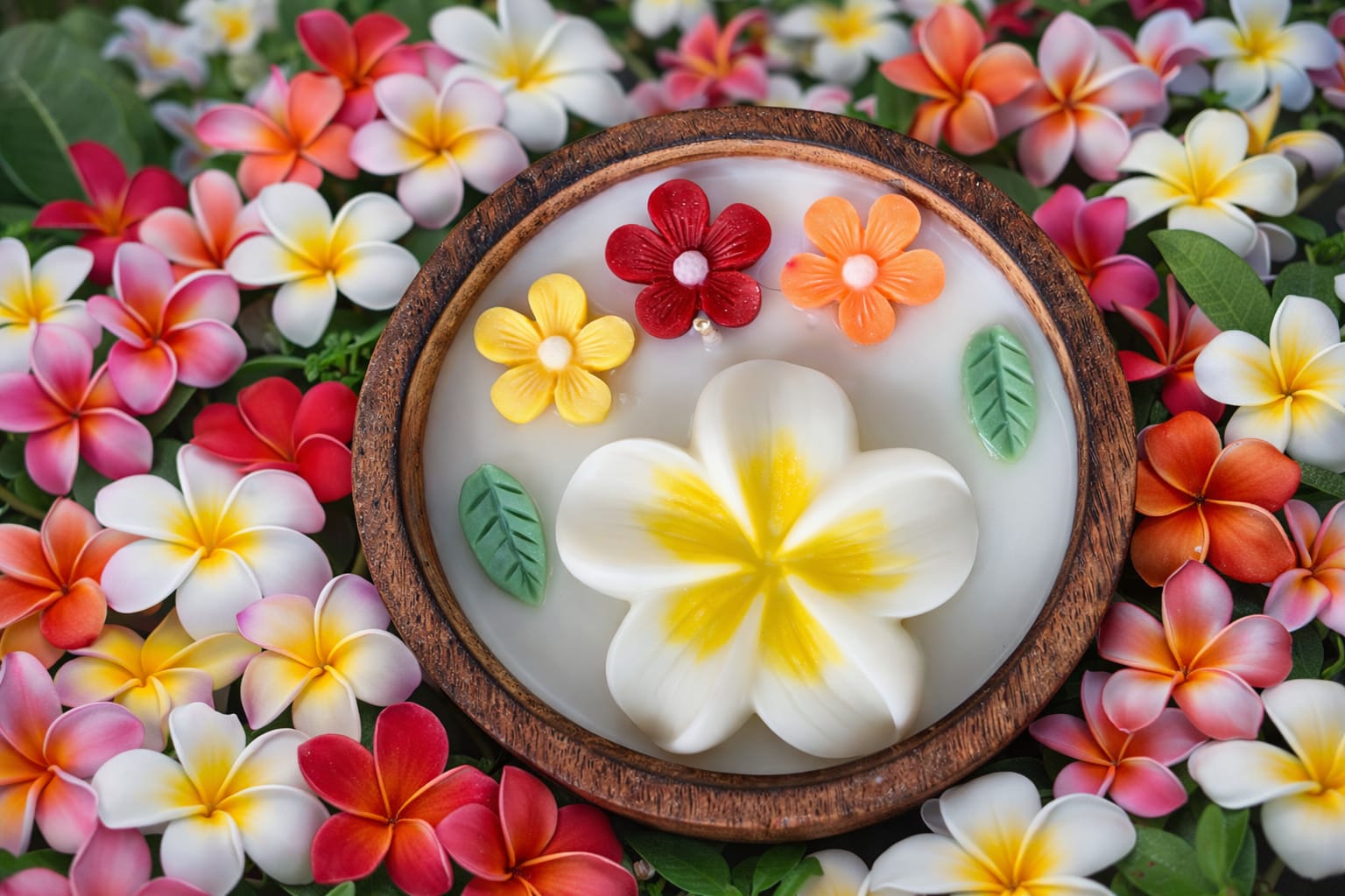 🌺 Plumeria Flower Candle in Wooden Bowl