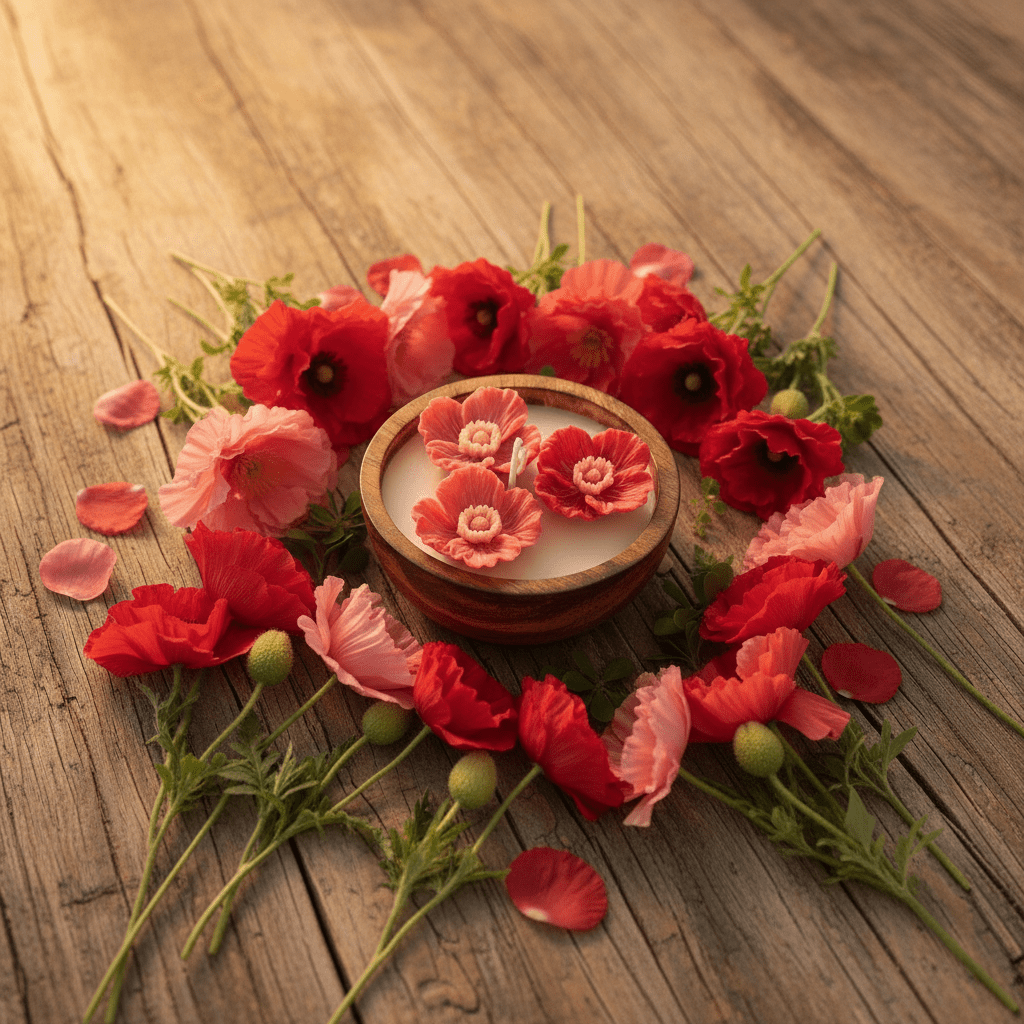 🌺 Poppy Floral Candle in Wooden Bowl – Handcrafted Elegance - Floral Candles | Ratna Sagarika Candles