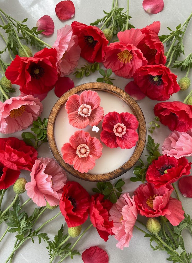 🌺 Poppy Floral Candle in Wooden Bowl – Handcrafted Elegance - Floral Candles | Ratna Sagarika Candles