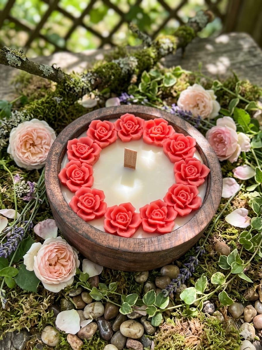 🌹 Rose Candle in Wooden Bowl – Rustic Elegance - Floral Candles | Ratna Sagarika Candles