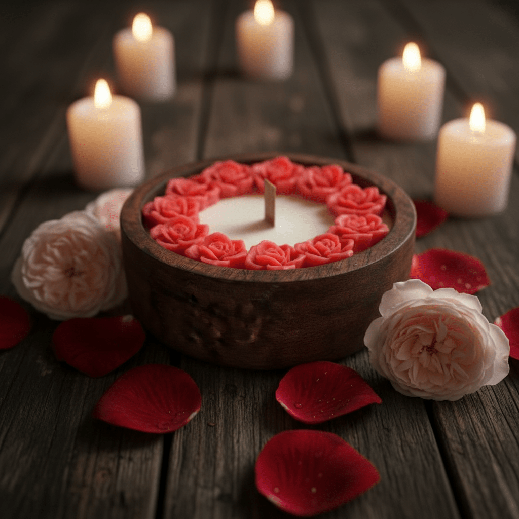 🌹 Rose Candle in Wooden Bowl – Rustic Elegance - Floral Candles | Ratna Sagarika Candles