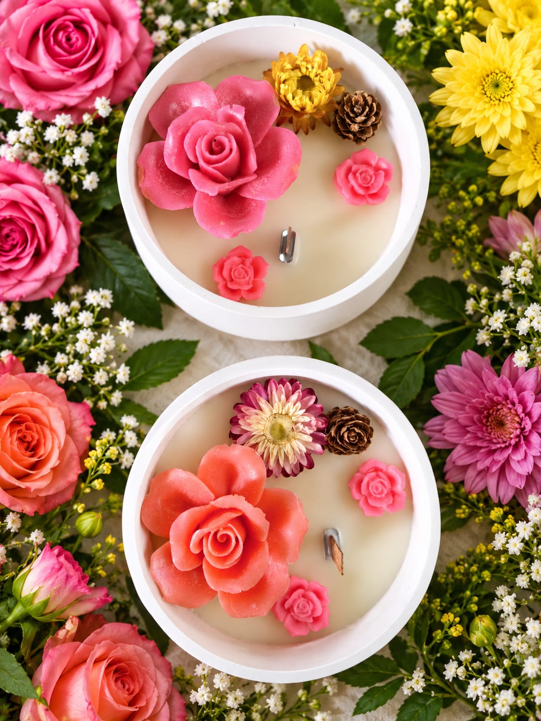 🌹 Rose & Dried Flower Candle Duo in Ceramic Bowls - Candle | Ratna Sagarika Candles