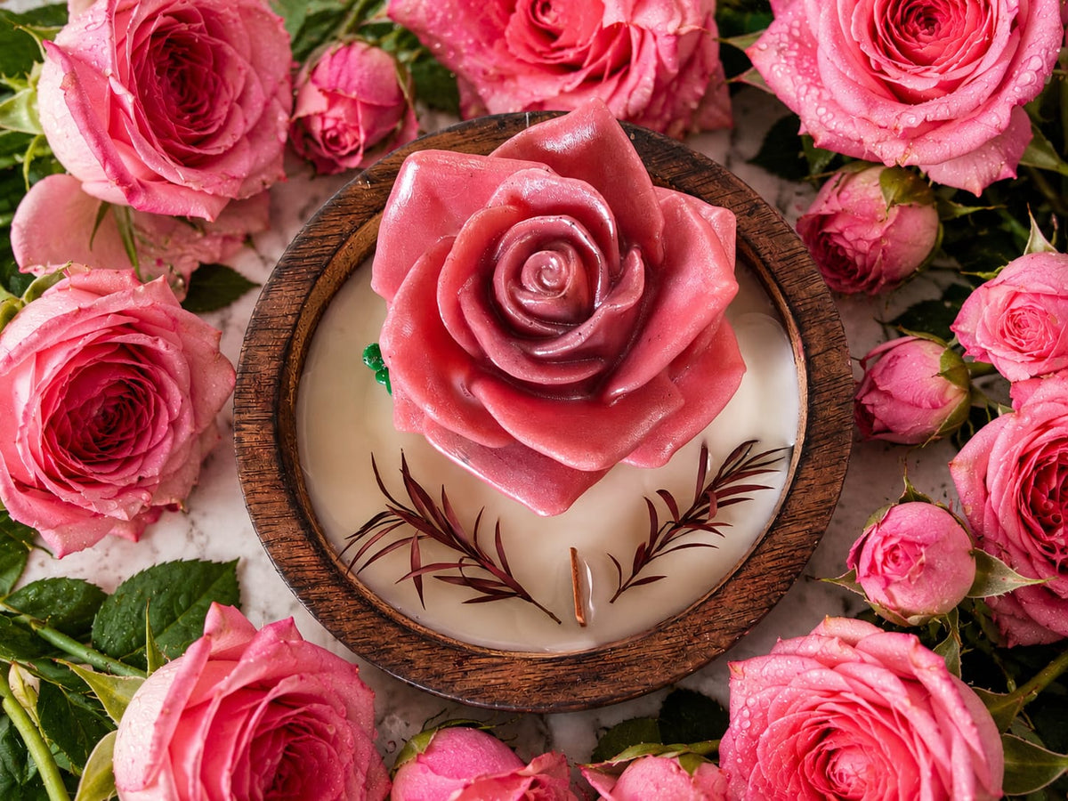 🌹 Single Rose Candle in Wooden Bowl - Candle | Ratna Sagarika Candles