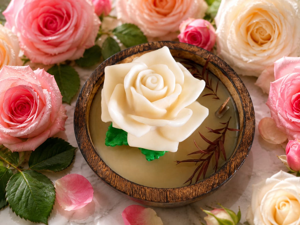 🌹 Single Rose Candle in Wooden Bowl - Candle | Ratna Sagarika Candles